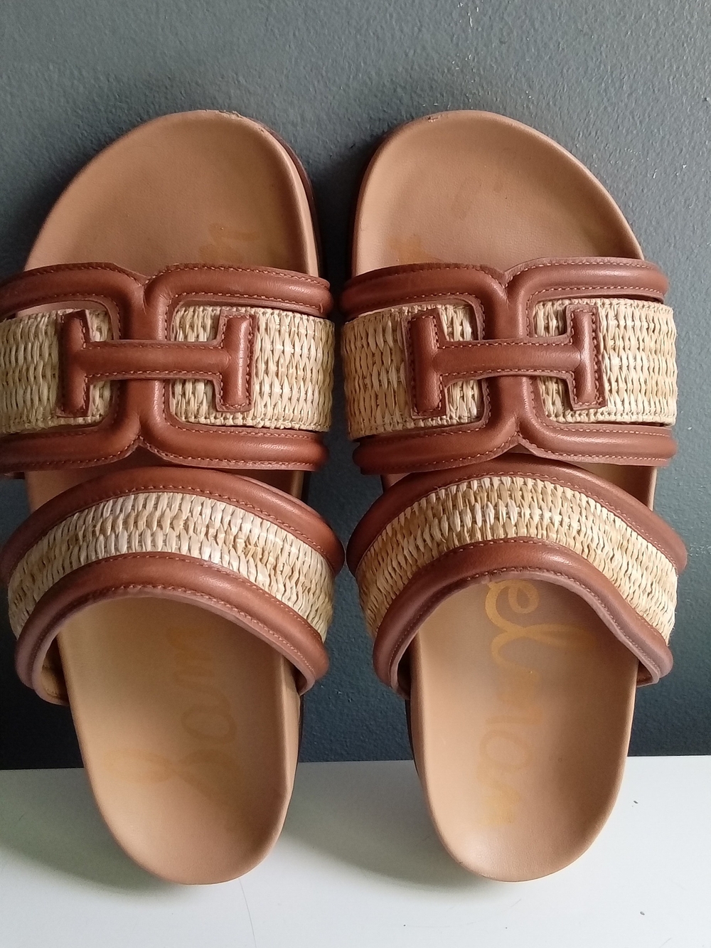 Sam Edelman Adaley Raffia Leather Slide Sandals Brown Tan Womens 7 - Picture 2 of 6